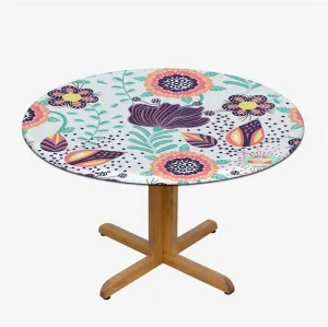 Multi Colored Round Fitted Tablecloth with Elastic Edge Shaped Striped Oriental Pattern Flowers Soft-Touch Fitted Table Cloth, Waterproof Oil-Proof Table Cover Paisley Fit for 48"-51" Table