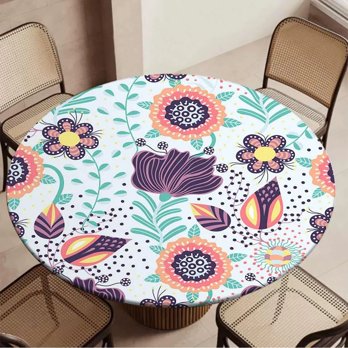 Multi Colored Round Fitted Tablecloth with Elastic Edge Shaped Striped Oriental Pattern Flowers Soft-Touch Fitted Table Cloth, Waterproof Oil-Proof Table Cover Paisley Fit for 48"-51" Table