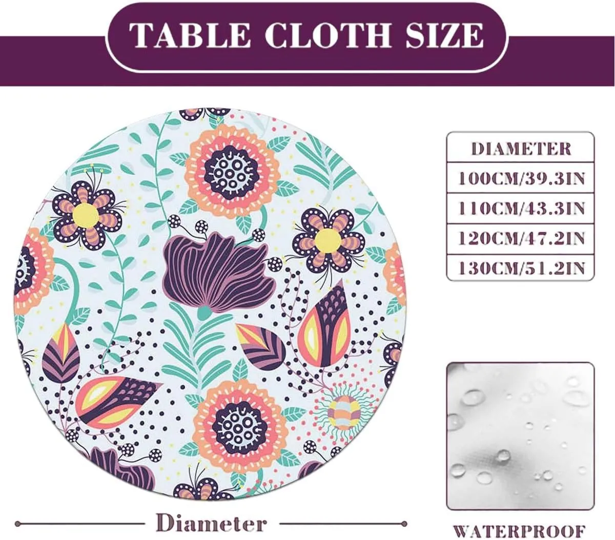 Multi Colored Round Fitted Tablecloth with Elastic Edge Shaped Striped Oriental Pattern Flowers Soft-Touch Fitted Table Cloth, Waterproof Oil-Proof Table Cover Paisley Fit for 48"-51" Table