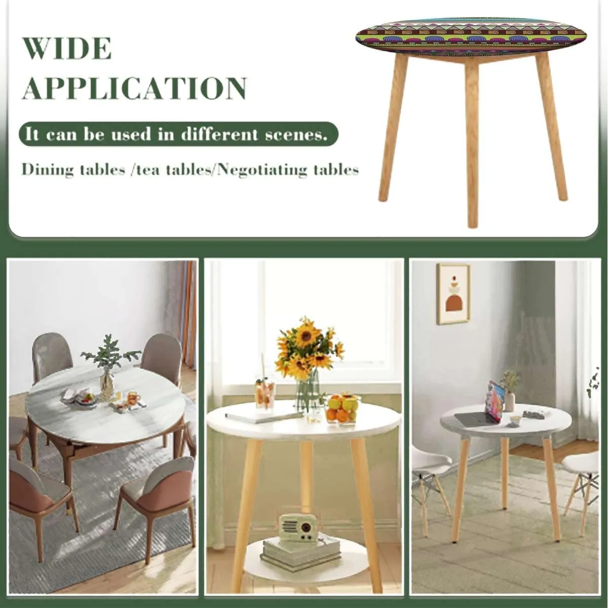 Multi Seamless Table Cloth for Round Tables Heart Figures Circles Spirals and Flowers Round Fitted Table Cover with Elastic Edges Colorful Fit for 36"-39" Table