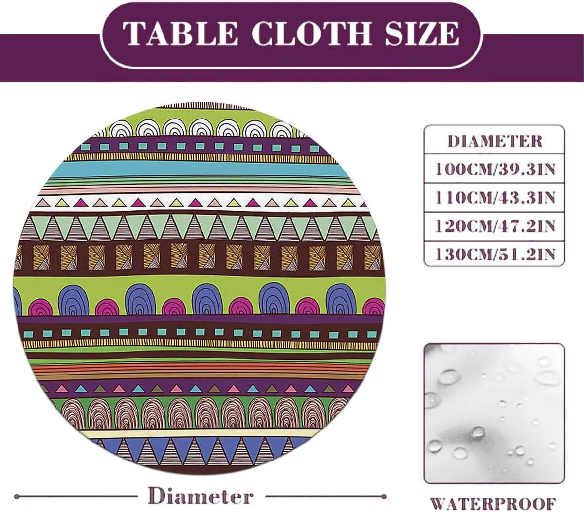 Multi Seamless Table Cloth for Round Tables Heart Figures Circles Spirals and Flowers Round Fitted Table Cover with Elastic Edges Colorful Fit for 36"-39" Table