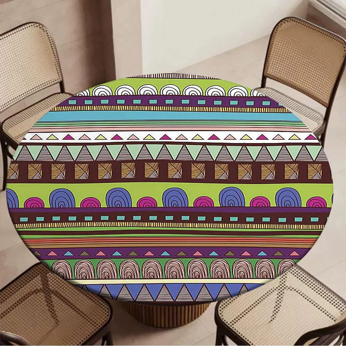 Multi Seamless Table Cloth for Round Tables Heart Figures Circles Spirals and Flowers Round Fitted Table Cover with Elastic Edges Colorful Fit for 36"-39" Table