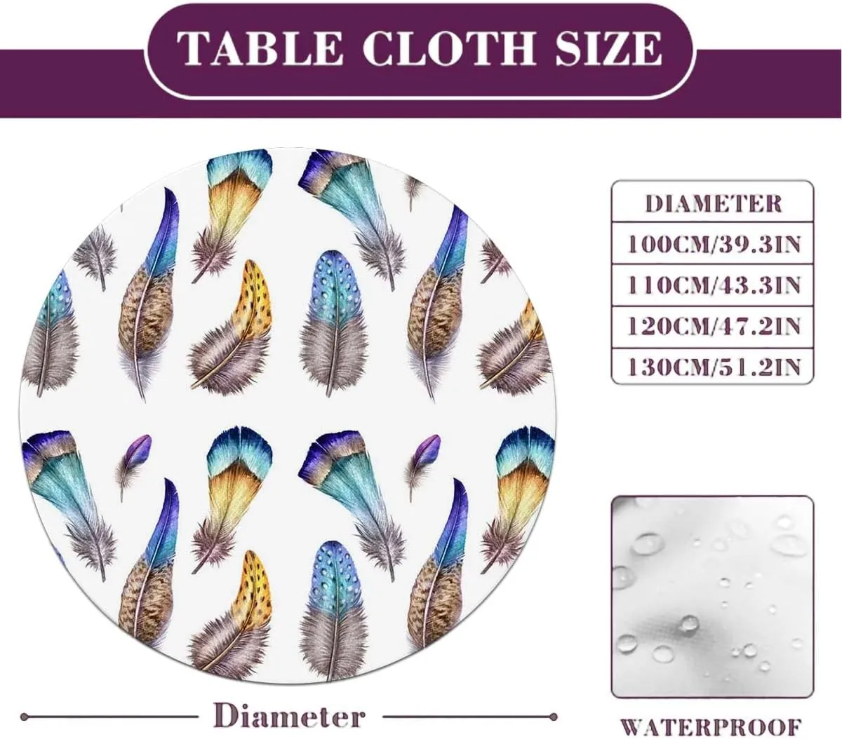 Multicolor Round Tables Tablecloth Table Cloth Dreamy Watercolor Elements Plumage Design Round Fitted Table Cover The Ultimate Protection for Your Table Feather Fit for 40"-43" Table