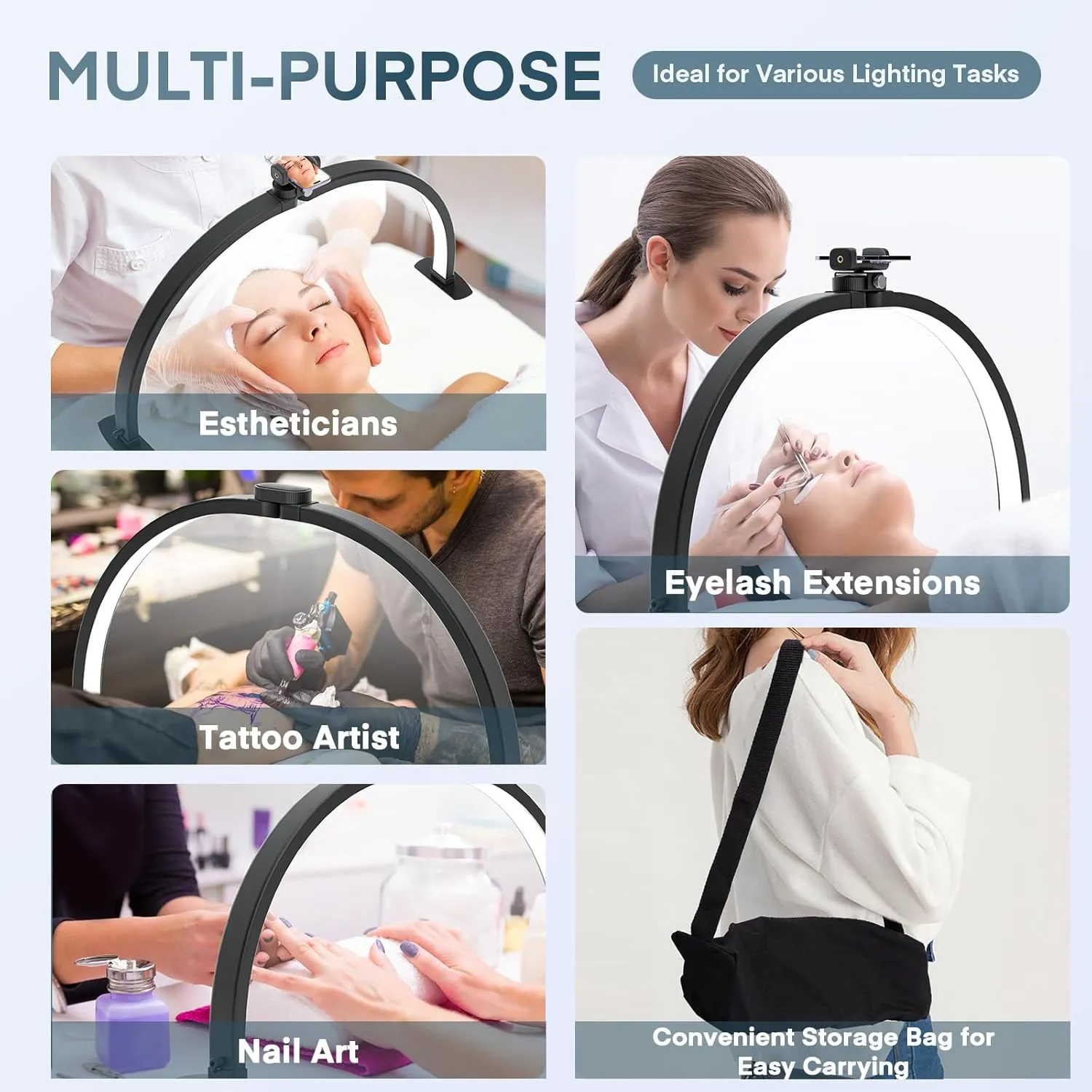 MYSWEETY Foldable Half Moon Light, 23 Inch Nail Desk Lamp, Lash Light for Desk with Phone Holder, Estheticians Table Lamp for Tattoo, Lash Eyelash Extension(Black)
