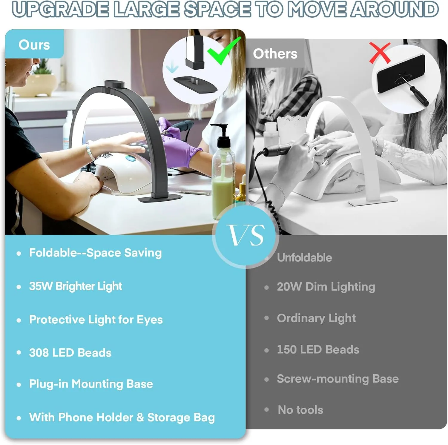 MYSWEETY Foldable Half Moon Light, 23 Inch Nail Desk Lamp, Lash Light for Desk with Phone Holder, Estheticians Table Lamp for Tattoo, Lash Eyelash Extension(Black)