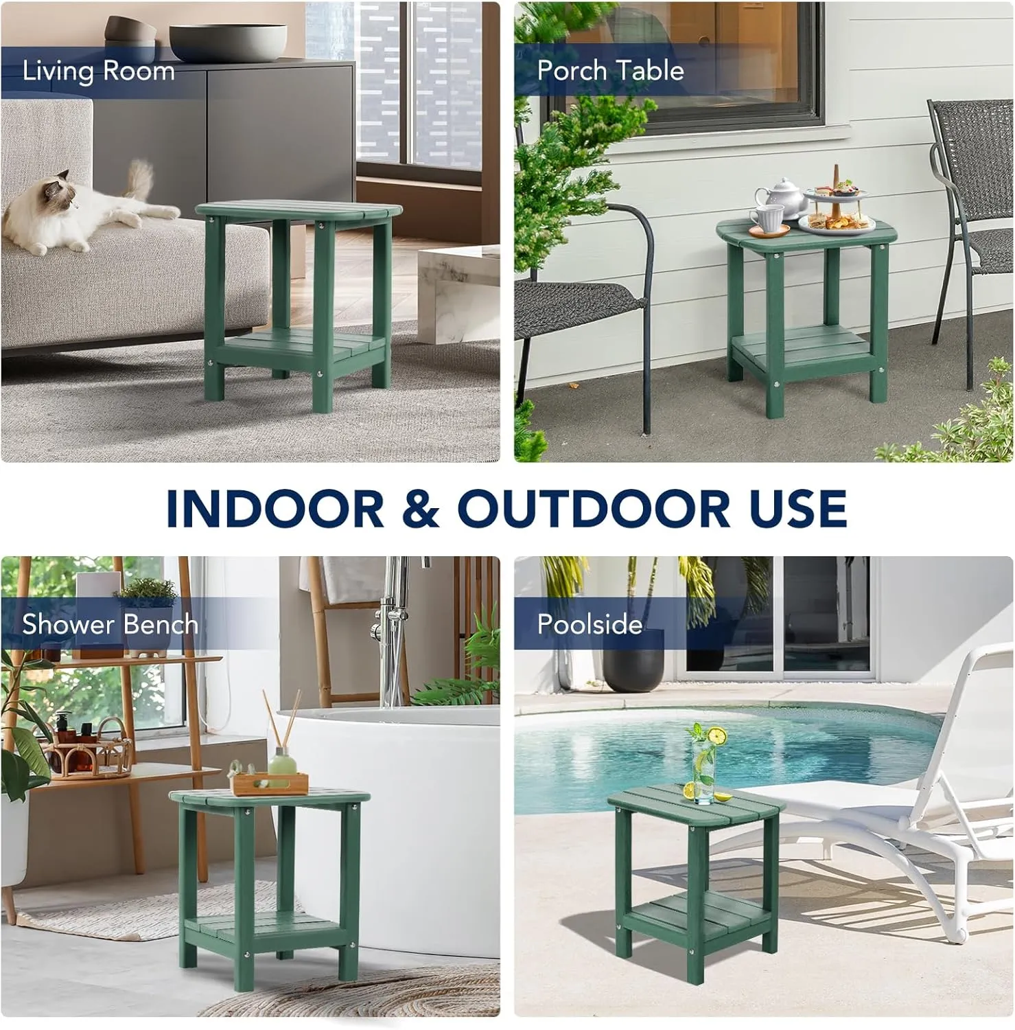nalone Adirondack Side Table 16.5" Outdoor Side Table HDPE Plastic Double Adirondack End Table Small Table for Patio (Green)