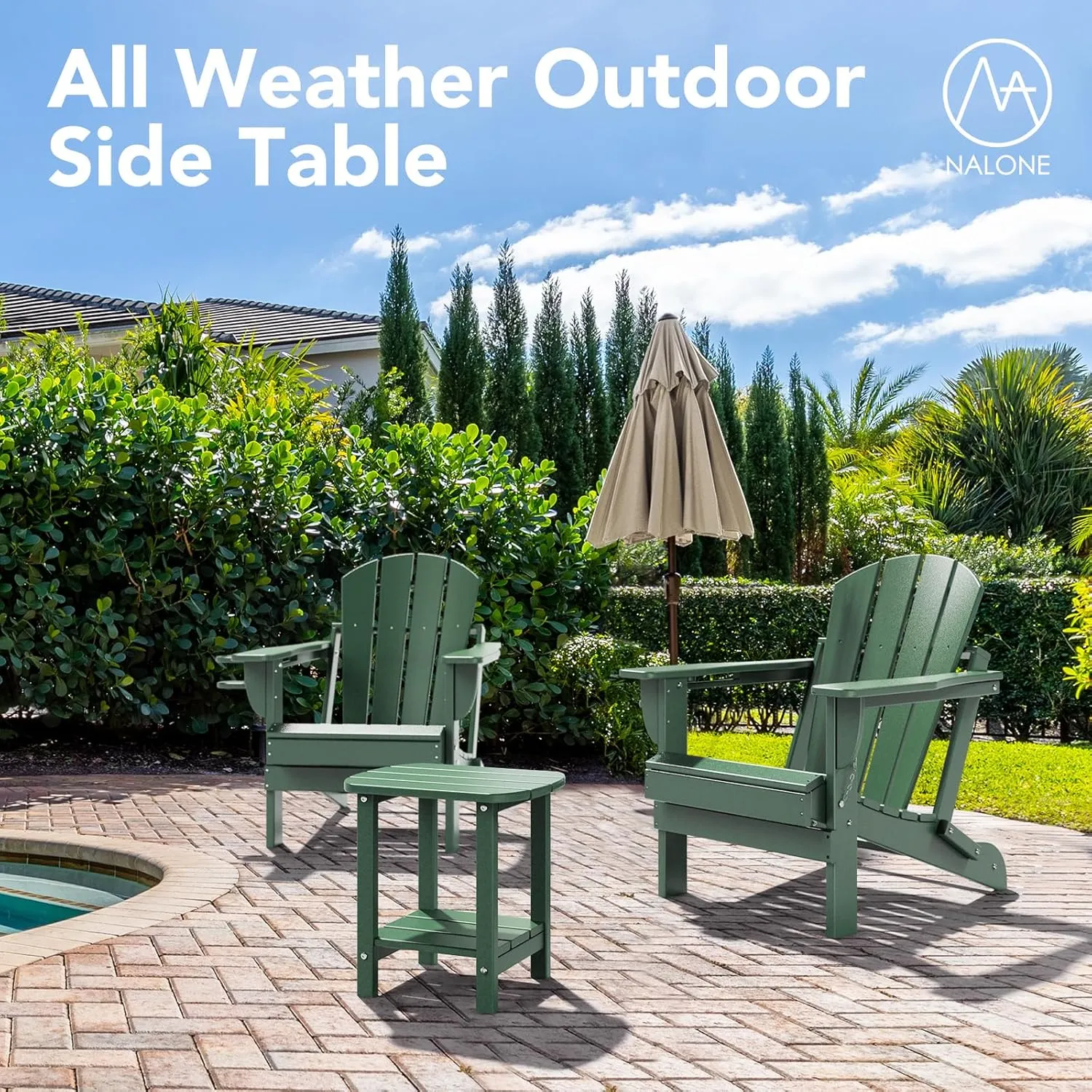 nalone Adirondack Side Table 16.5" Outdoor Side Table HDPE Plastic Double Adirondack End Table Small Table for Patio (Green)