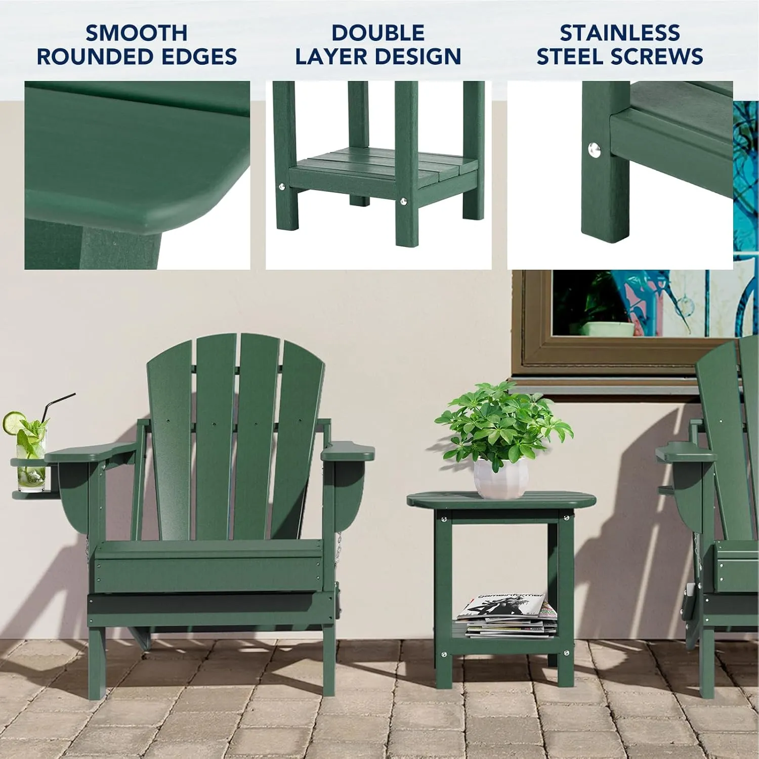 nalone Adirondack Side Table 16.5" Outdoor Side Table HDPE Plastic Double Adirondack End Table Small Table for Patio (Green)
