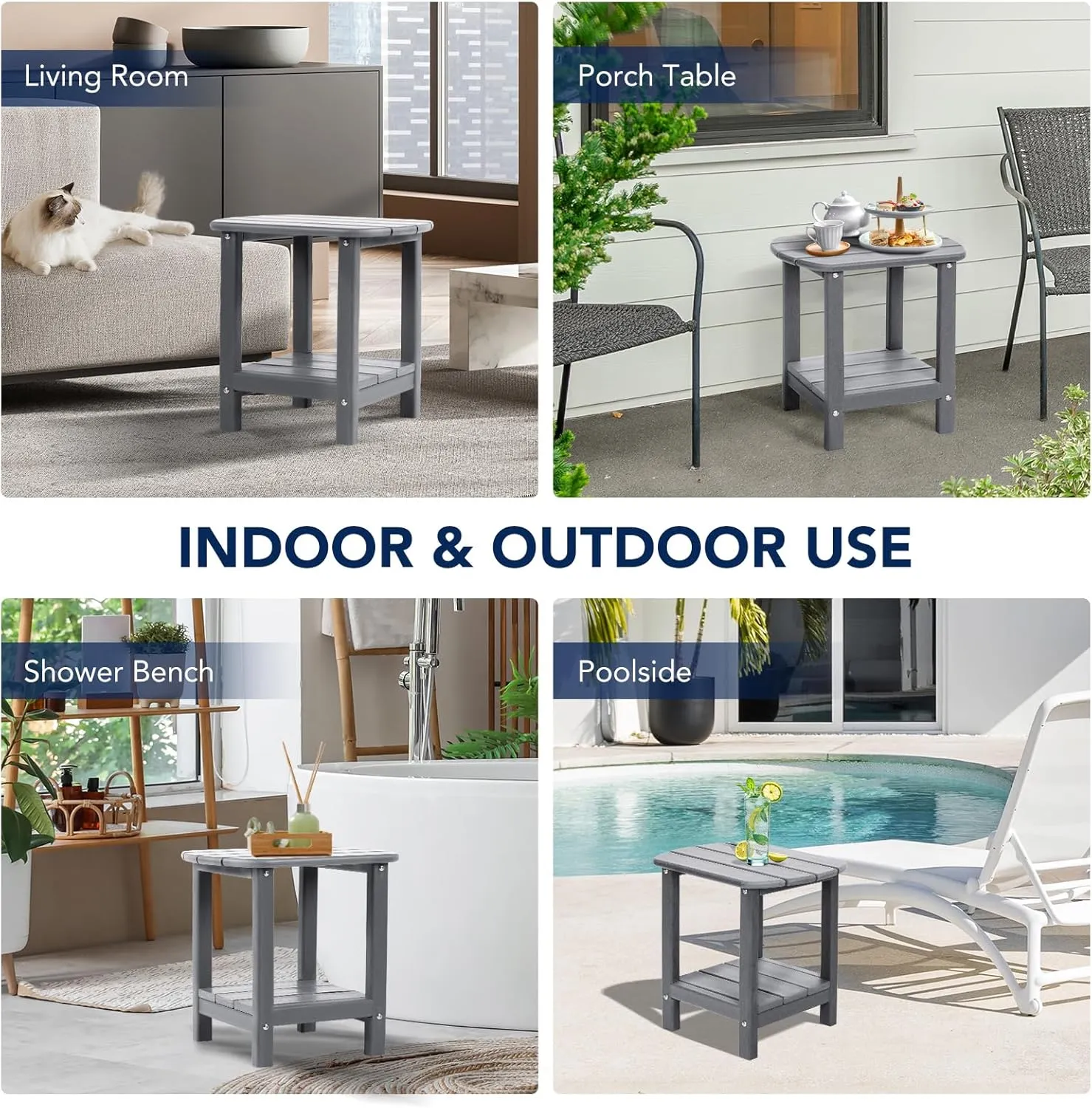 nalone Adirondack Side Table 16.5" Outdoor Side Table HDPE Plastic Double Adirondack End Table Small Table for Patio(Grey)