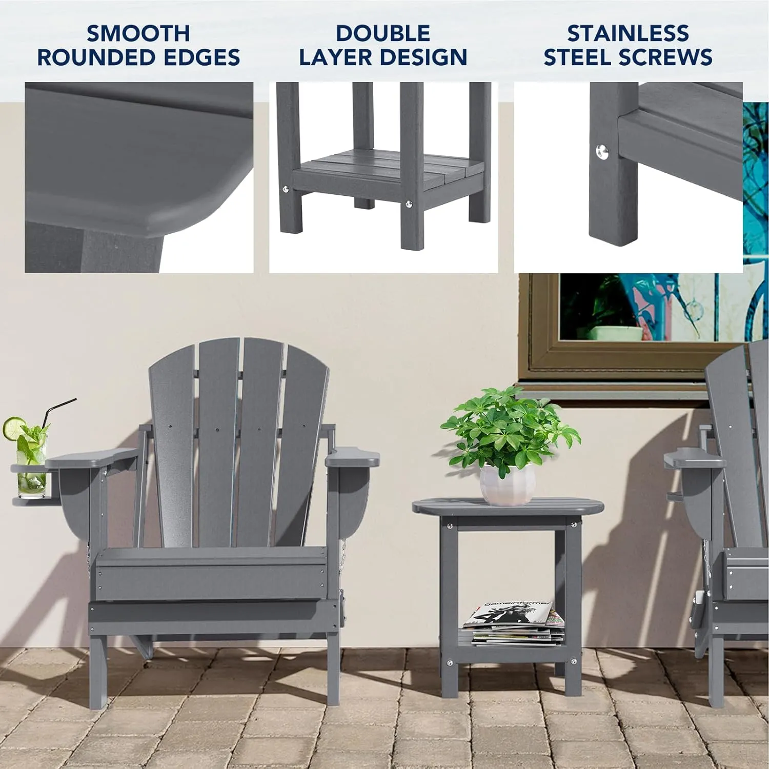 nalone Adirondack Side Table 16.5" Outdoor Side Table HDPE Plastic Double Adirondack End Table Small Table for Patio(Grey)
