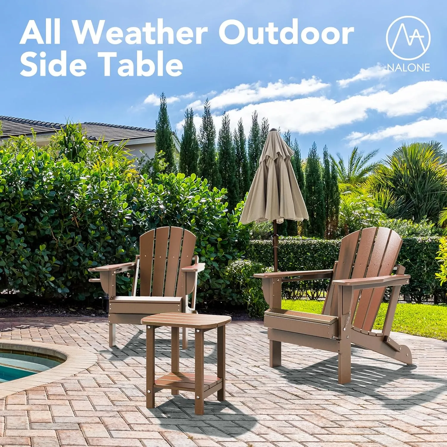 nalone Adirondack Side Table 16.5" Outdoor Side Table HDPE Plastic Double Adirondack End Table Small Table for Patio(Wood)