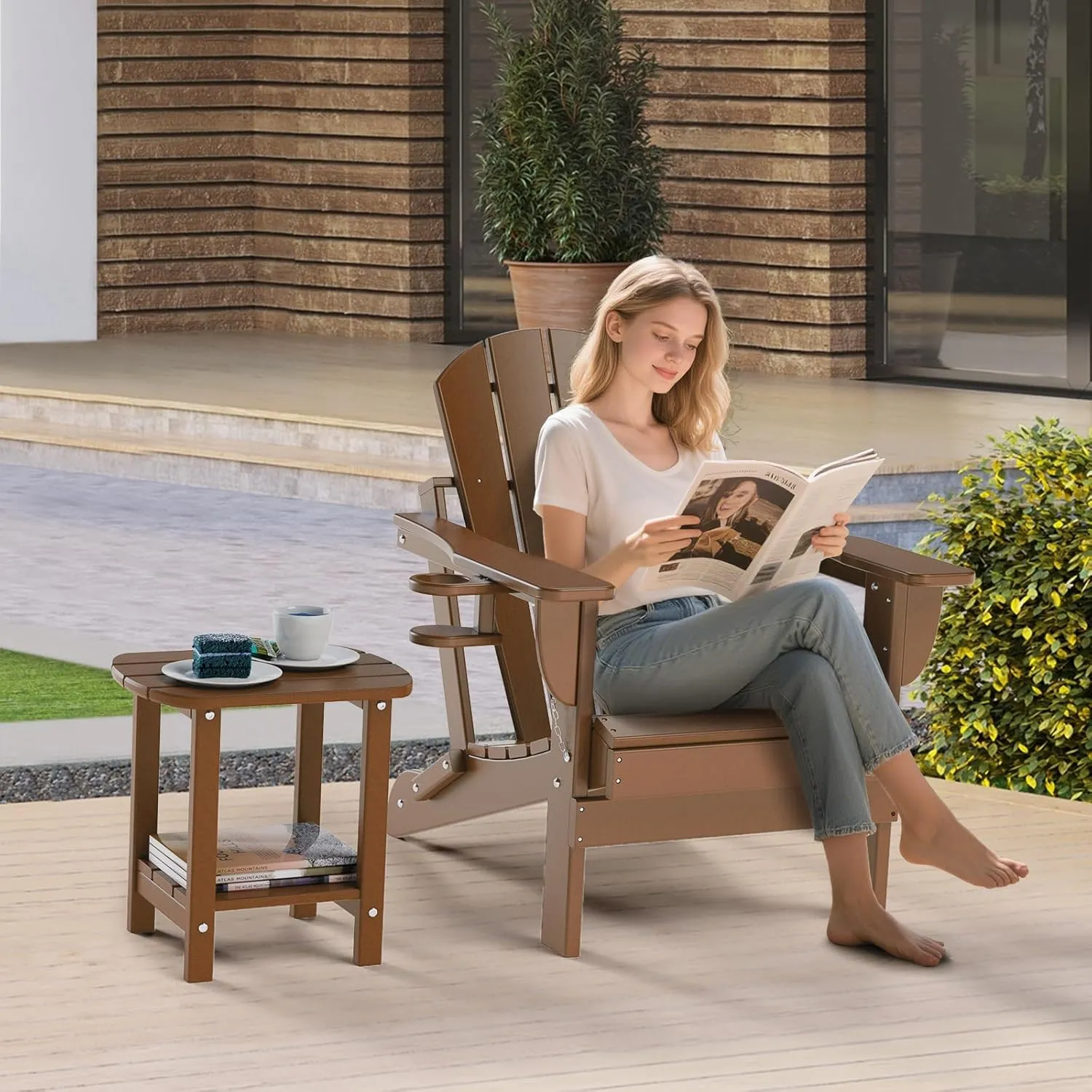 nalone Adirondack Side Table 16.5" Outdoor Side Table HDPE Plastic Double Adirondack End Table Small Table for Patio(Wood)