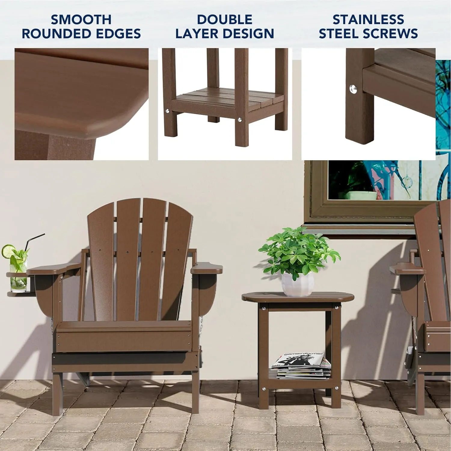 nalone Adirondack Side Table 16.5" Outdoor Side Table HDPE Plastic Double Adirondack End Table Small Table for Patio(Wood)