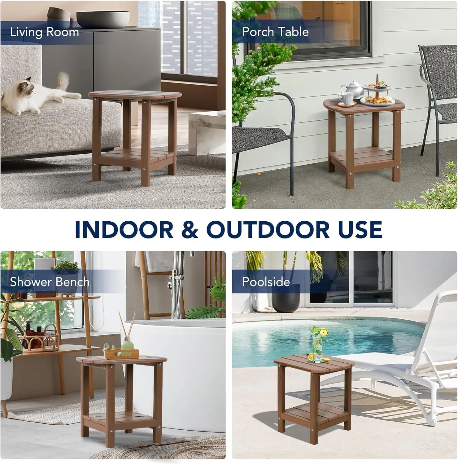 nalone Adirondack Side Table 16.5" Outdoor Side Table HDPE Plastic Double Adirondack End Table Small Table for Patio(Wood)