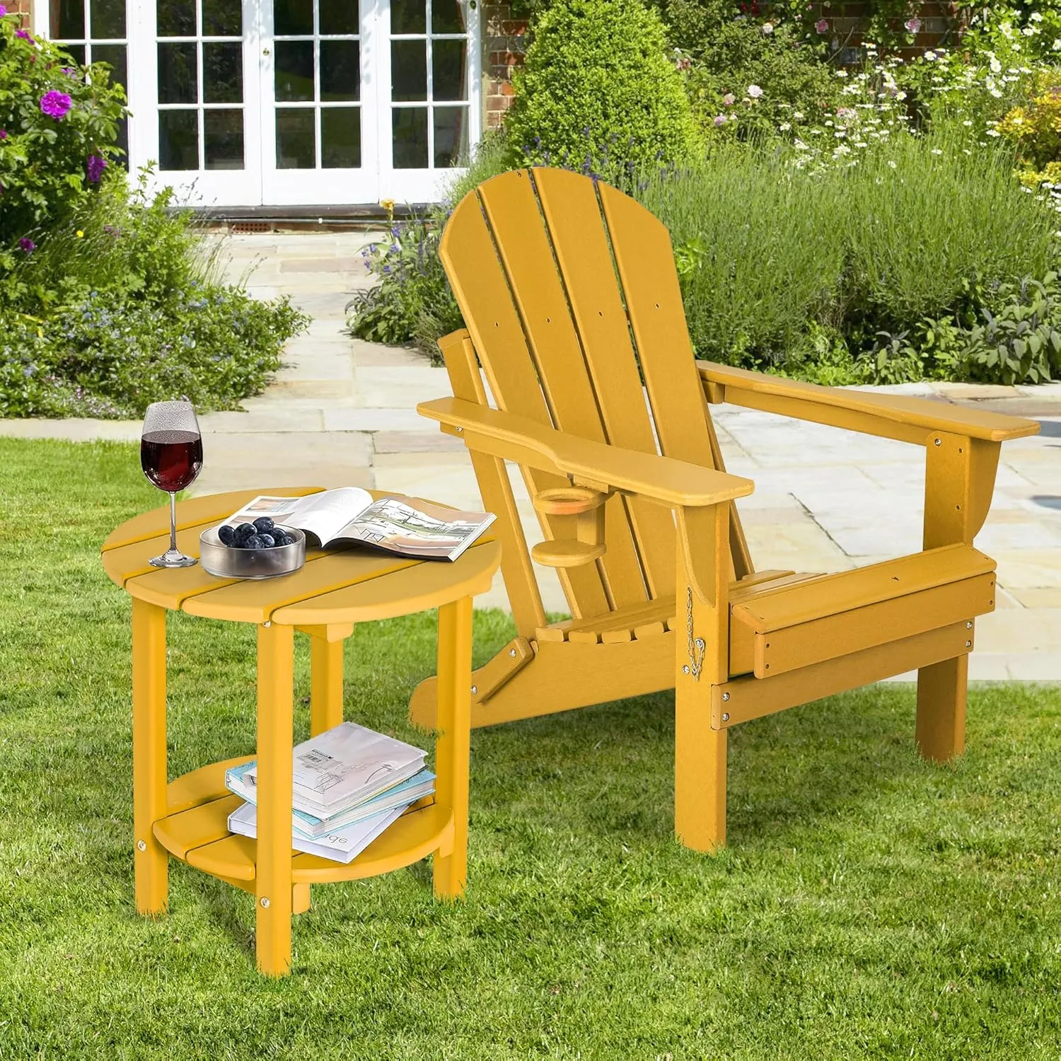 nalone HDPE Outdoor Side Table, 2 Tier Adirondack Patio Table for Outside, Double End Table Small Table for Balcony (Round Table, Orange)