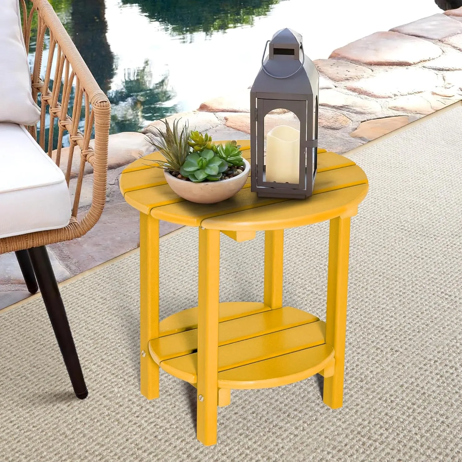 nalone HDPE Outdoor Side Table, 2 Tier Adirondack Patio Table for Outside, Double End Table Small Table for Balcony (Round Table, Orange)