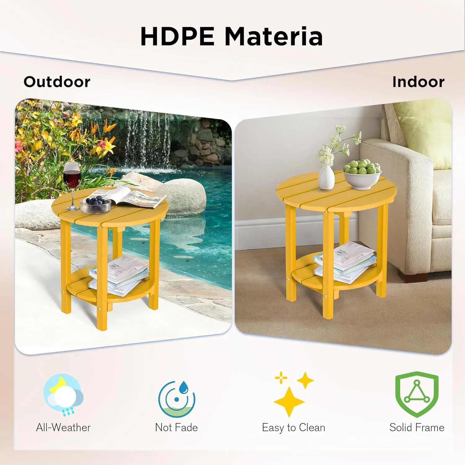 nalone HDPE Outdoor Side Table, 2 Tier Adirondack Patio Table for Outside, Double End Table Small Table for Balcony (Round Table, Orange)
