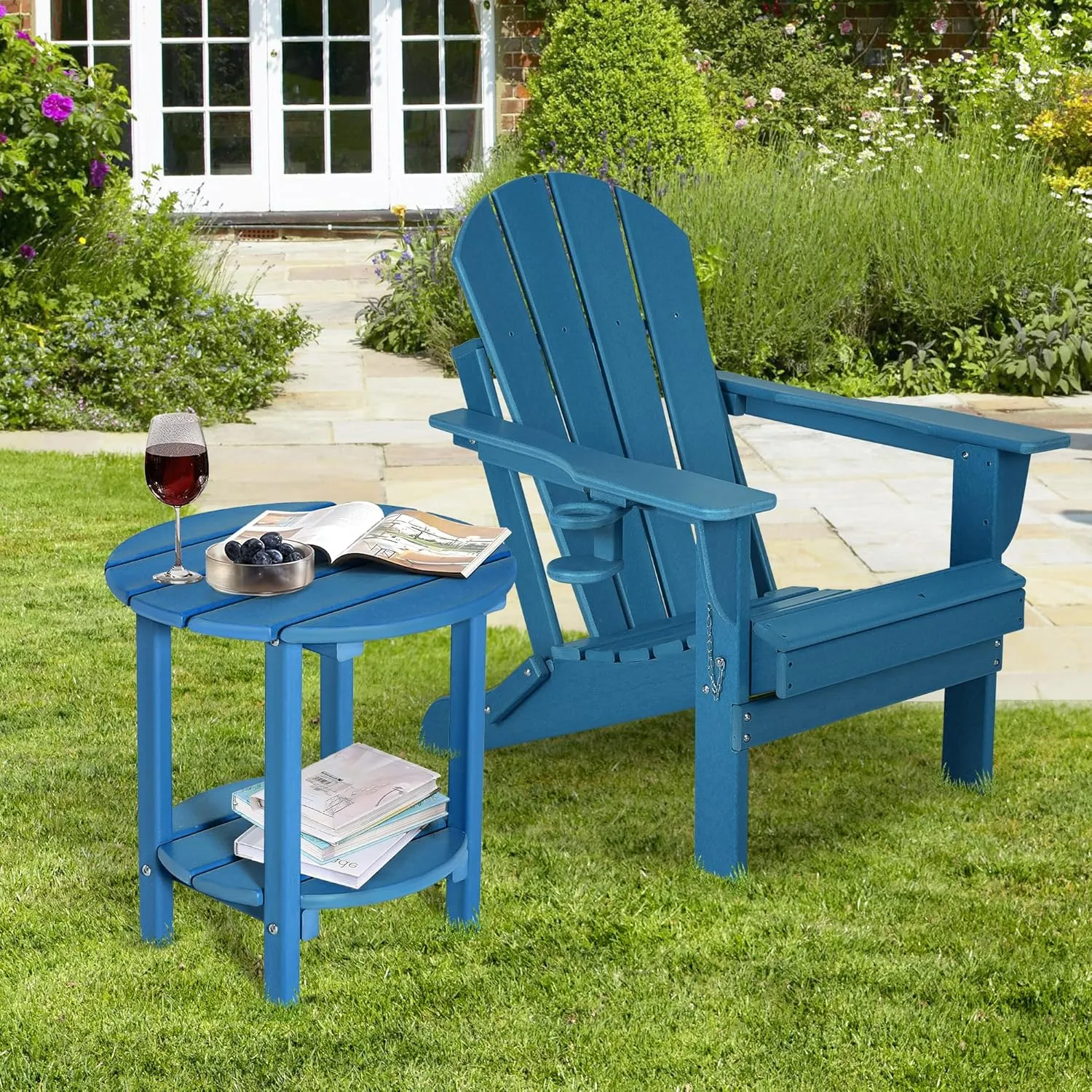 nalone HDPE Outdoor Side Table, 2 Tier Adirondack Patio Table for Outside, Double End Table Small Table for Balcony(Round Table, Blue)