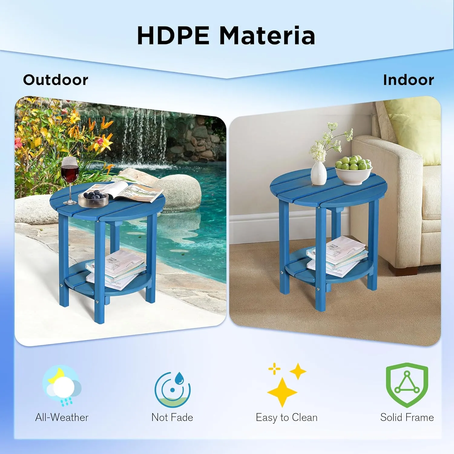 nalone HDPE Outdoor Side Table, 2 Tier Adirondack Patio Table for Outside, Double End Table Small Table for Balcony(Round Table, Blue)