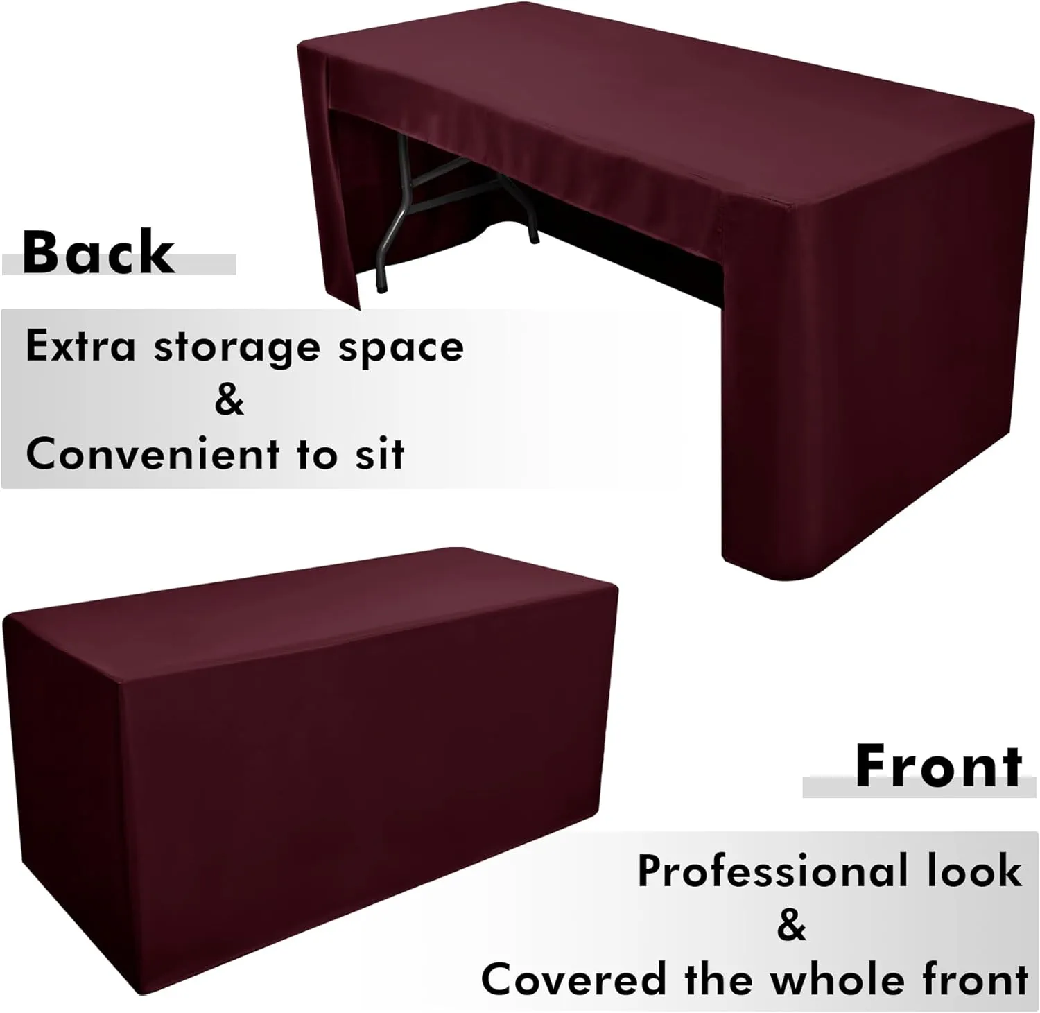 Nasitos 2 Pack 8' Fitted Table Cloth for Rectangular Table Burgundy Trade Show Table Covers-Open Back Valentines Tablecloth Washable and Wrinkle Resistant Table Cloth, Parties, Buffet, Baby Shower