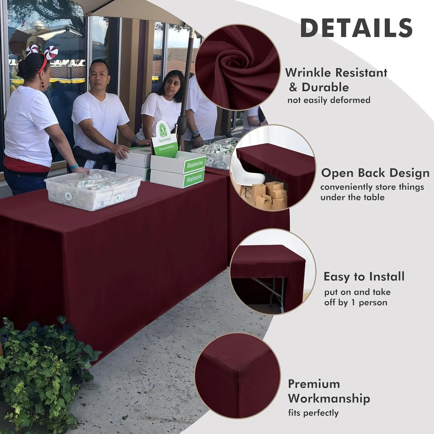 Nasitos 2 Pack 8' Fitted Table Cloth for Rectangular Table Burgundy Trade Show Table Covers-Open Back Valentines Tablecloth Washable and Wrinkle Resistant Table Cloth, Parties, Buffet, Baby Shower