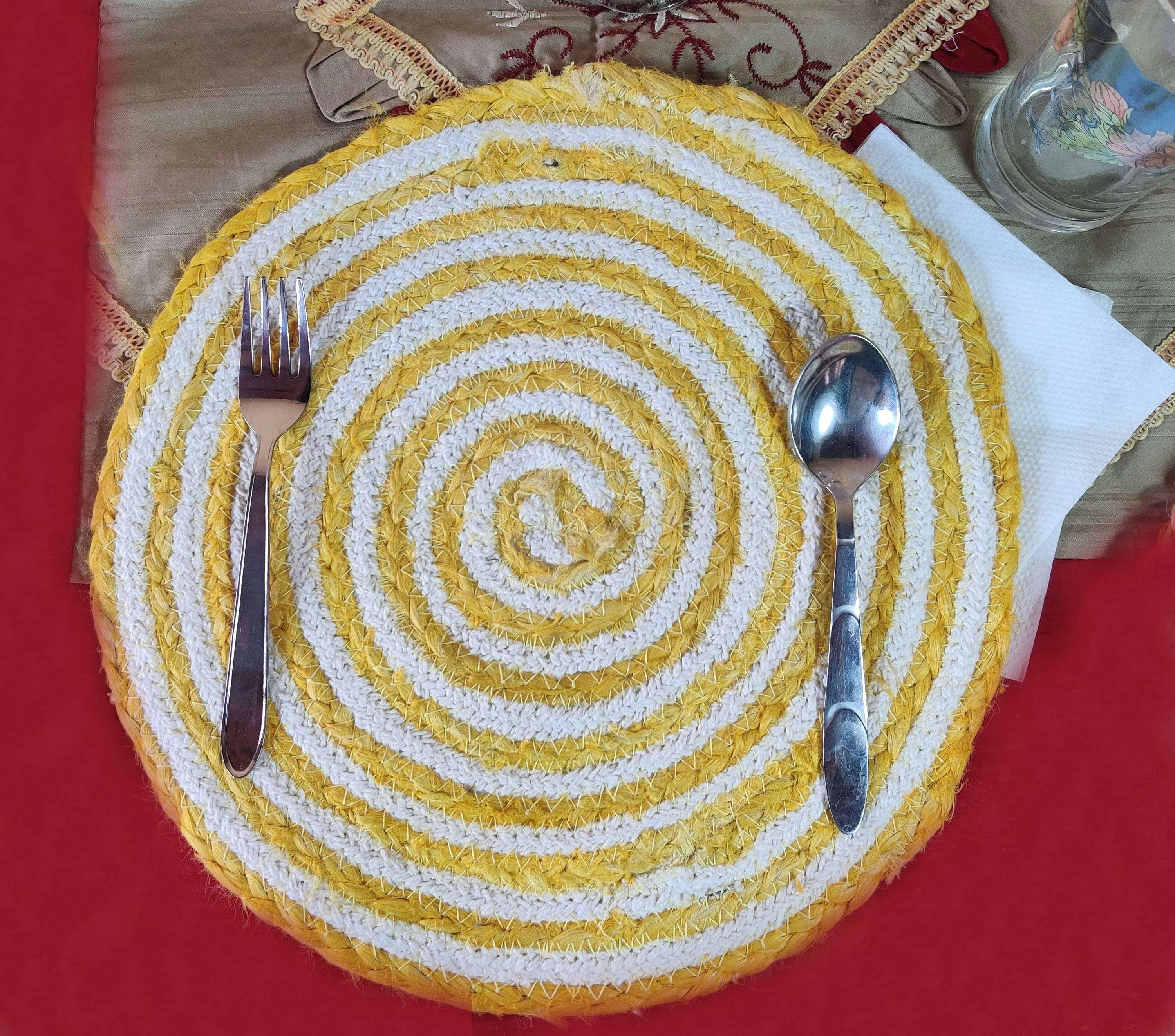 Natural Handmade Beige White & Yellow Dinning Table Placemat (Set of 6)