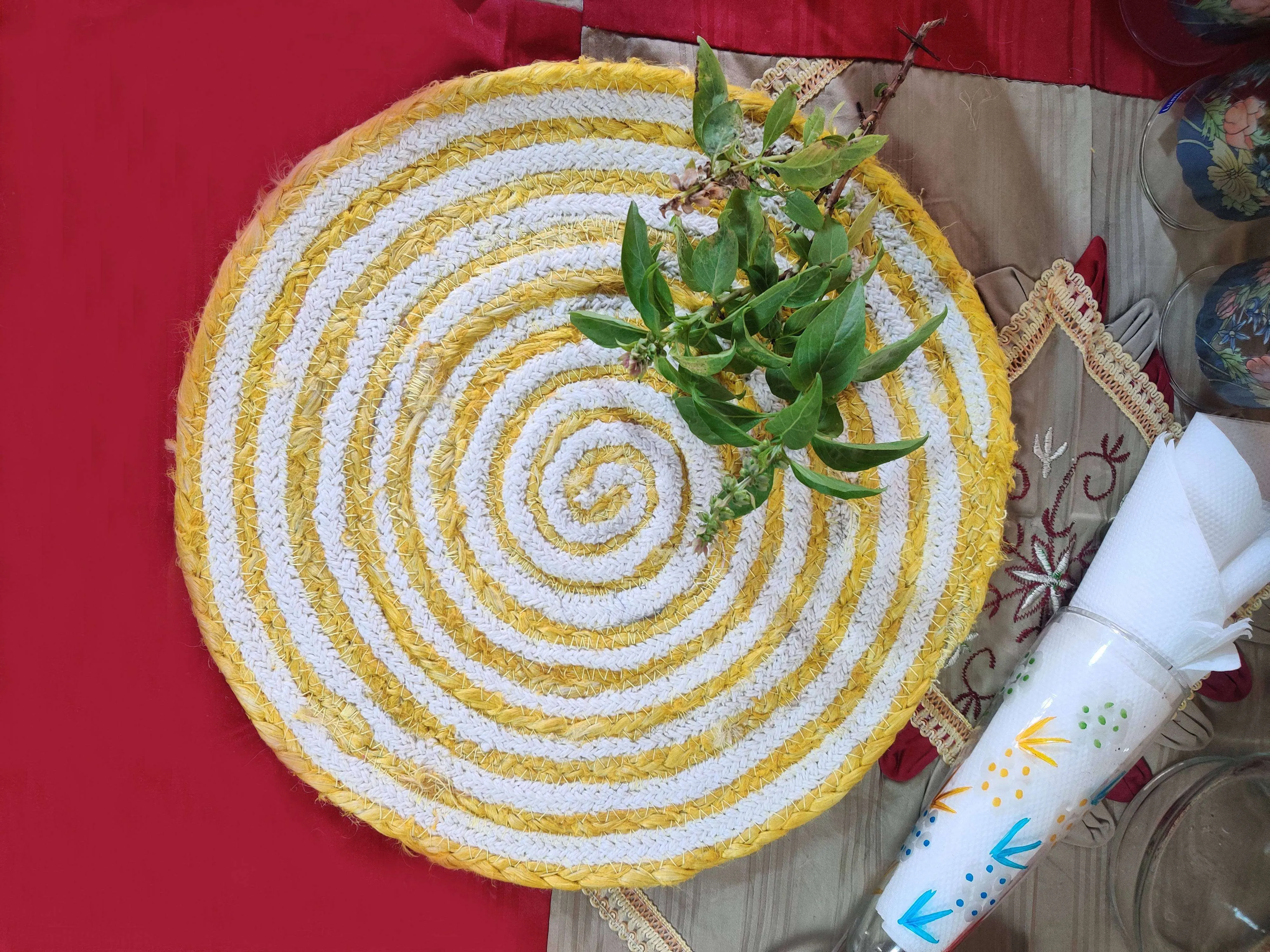 Natural Handmade Beige White & Yellow Dinning Table Placemat (Set of 6)