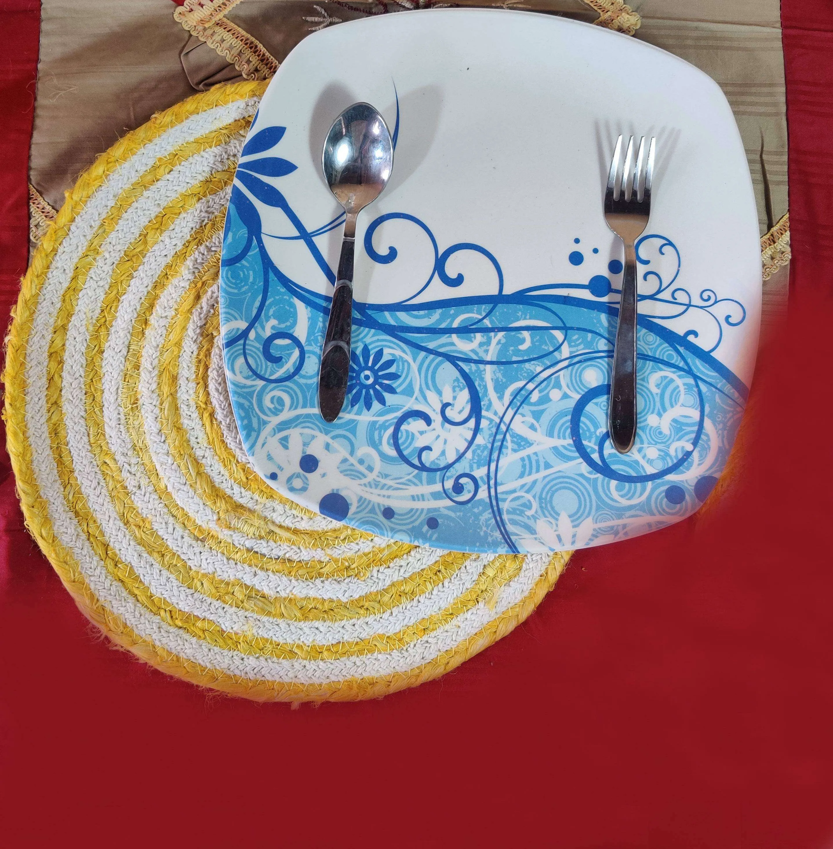 Natural Handmade Beige White & Yellow Dinning Table Placemat (Set of 6)