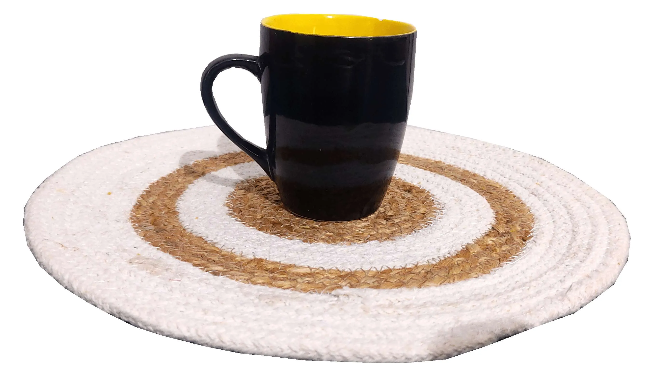 Natural Handmade Jute Beige Whtie and Beige Round Table Mats (Set of 6)
