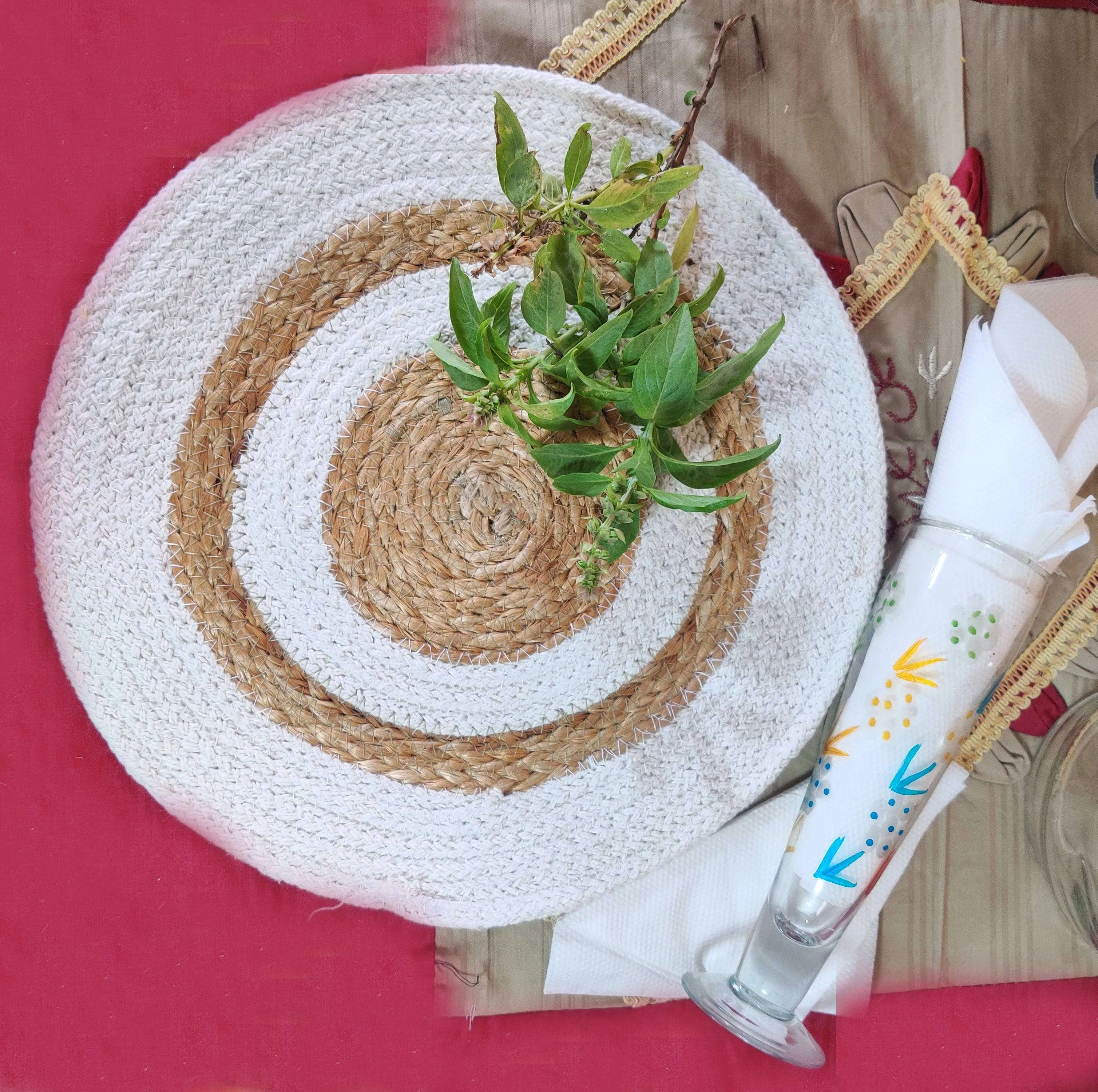 Natural Handmade Jute Beige Whtie and Beige Round Table Mats (Set of 6)
