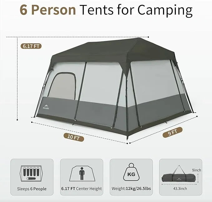 Naturehike Cape 6 Person 8 Person Camping Tent, 60S Easy Setup Instant Tent Pop up Tent, Waterproof Large Tall 6/8 Person Tents for Camping, Car Camping