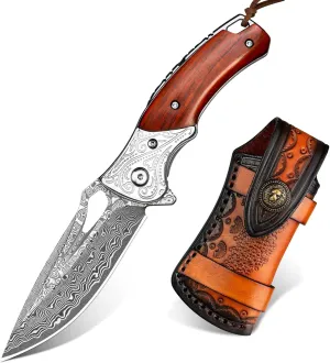 NedFoss Heron Damascus Pocket Knife, 2.8" Handmade Forged VG10 Damascus Steel Blade, 6.5" EDC Folding Knife with Retro Leather Sheath, Ebony Handle, Pocket Clip, Liner Lock, Cool Gifts Collection