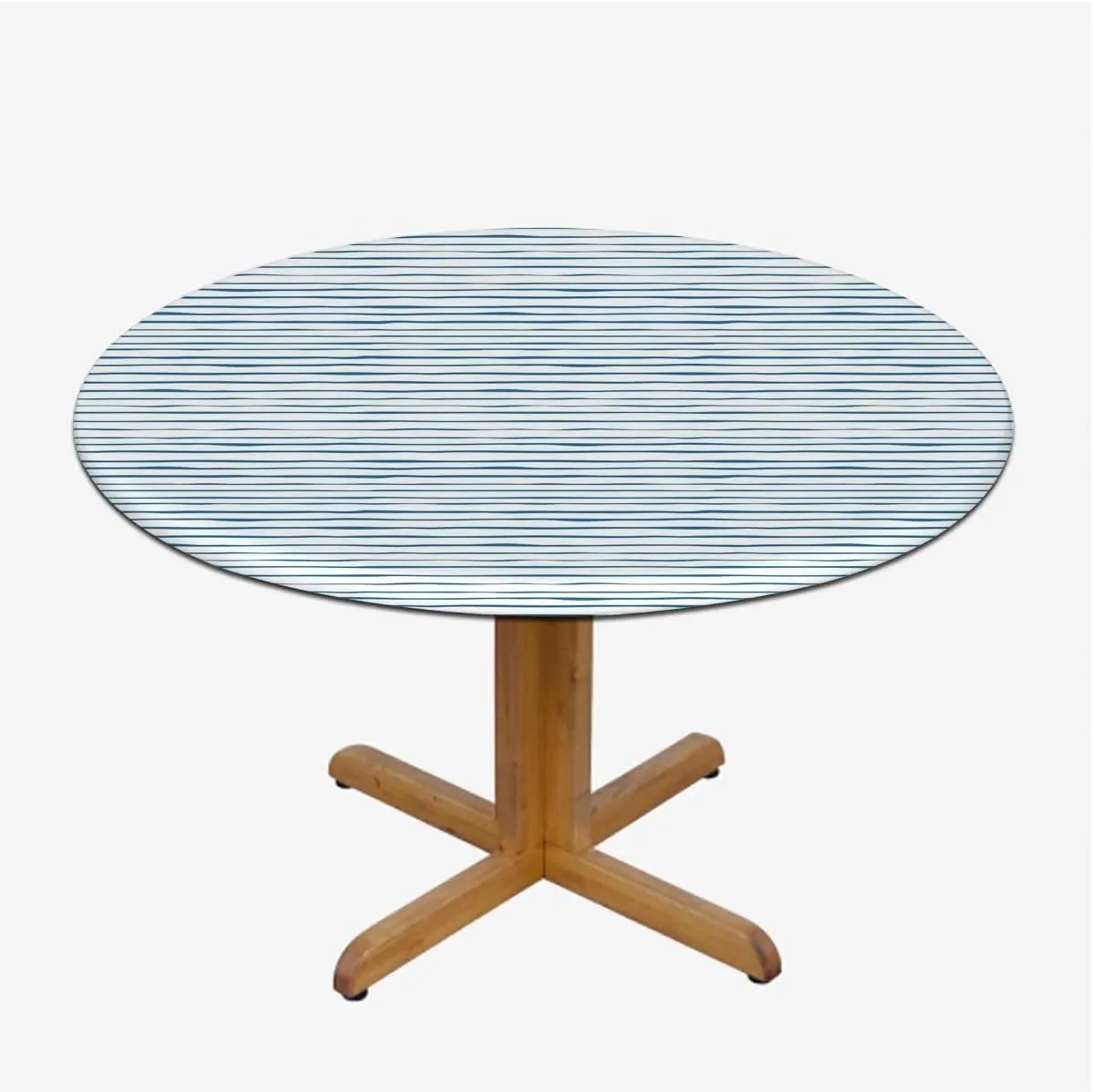 Night Blue White Round Fitted Tablecloth with Elastic Edge Abstract Nautical Ocean Soft-Touch Fitted Table Cloth, Waterproof Oil-Proof Table Cover Harbour Stripe Fit for 40"-43" Table