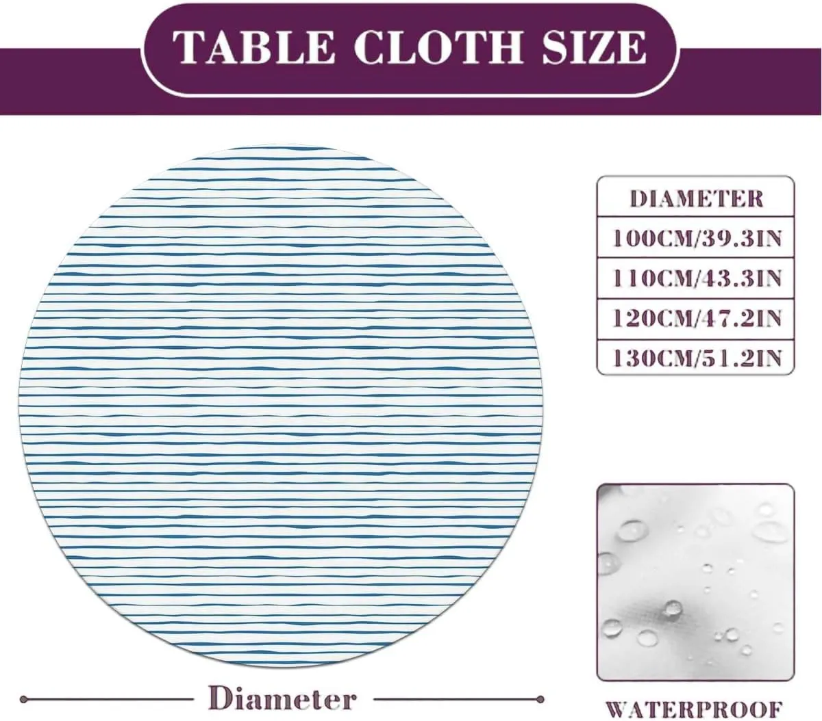 Night Blue White Round Fitted Tablecloth with Elastic Edge Abstract Nautical Ocean Soft-Touch Fitted Table Cloth, Waterproof Oil-Proof Table Cover Harbour Stripe Fit for 40"-43" Table