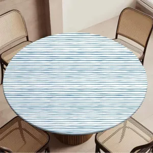 Night Blue White Round Fitted Tablecloth with Elastic Edge Abstract Nautical Ocean Soft-Touch Fitted Table Cloth, Waterproof Oil-Proof Table Cover Harbour Stripe Fit for 40"-43" Table