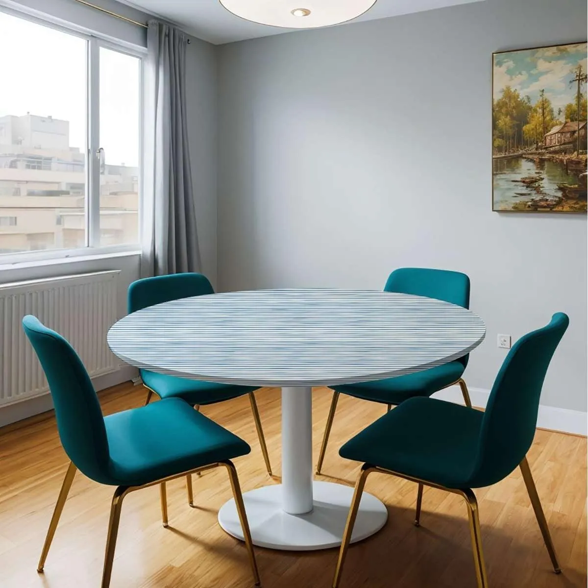 Night Blue White Round Fitted Tablecloth with Elastic Edge Abstract Nautical Ocean Soft-Touch Fitted Table Cloth, Waterproof Oil-Proof Table Cover Harbour Stripe Fit for 40"-43" Table