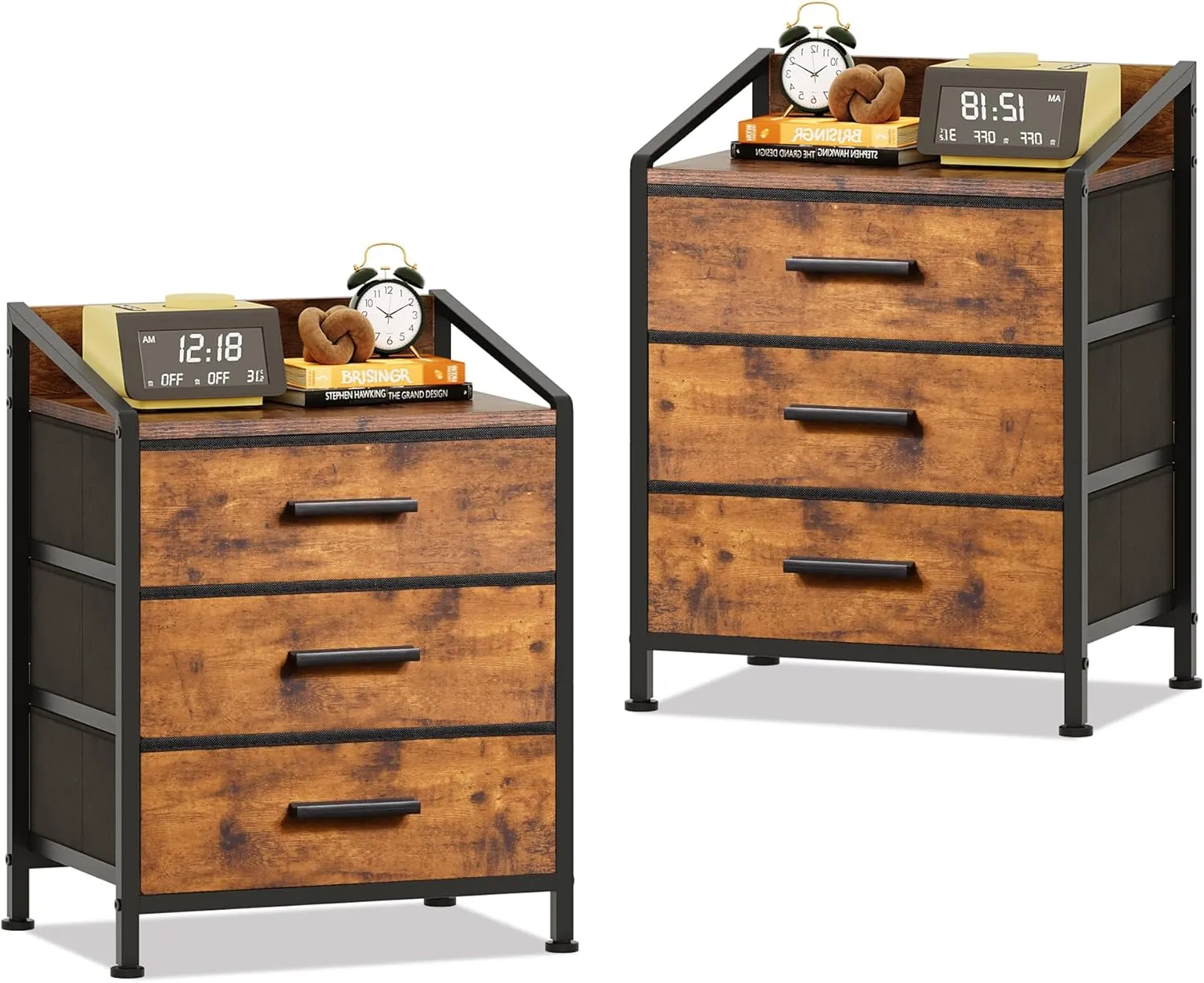 Nightstand 3 Drawer Dresser, 11" D x 15.6" W x 21" H, Set of 2 Side Table with Fabric Drawers, End Table, Small Dresser for Kids Closet Guest Bedroom (Rustic Brown, Set of 2)