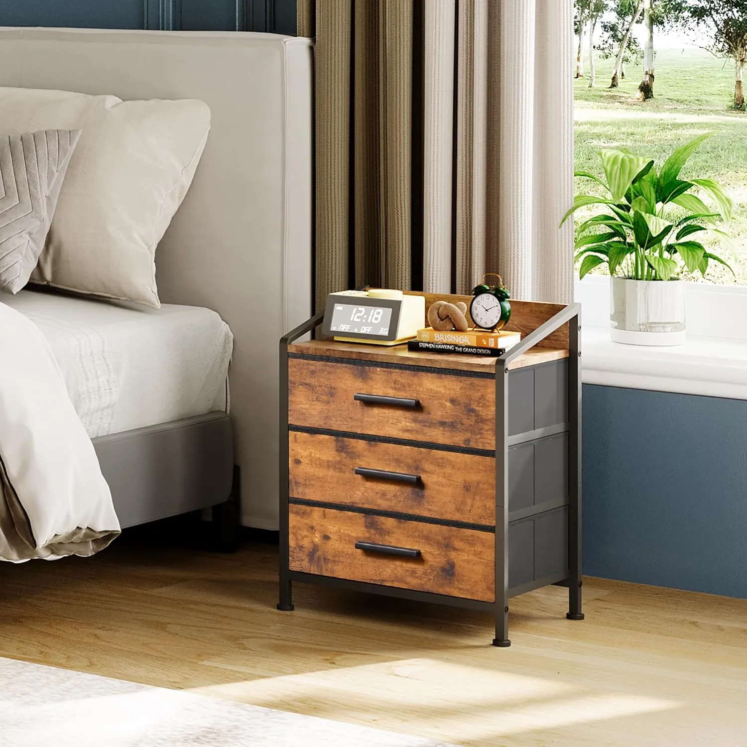 Nightstand 3 Drawer Dresser, 11" D x 15.6" W x 21" H, Set of 2 Side Table with Fabric Drawers, End Table, Small Dresser for Kids Closet Guest Bedroom (Rustic Brown, Set of 2)