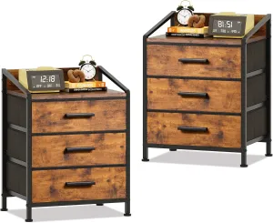Nightstand 3 Drawer Dresser, 11" D x 15.6" W x 21" H, Set of 2 Side Table with Fabric Drawers, End Table, Small Dresser for Kids Closet Guest Bedroom (Rustic Brown, Set of 2)