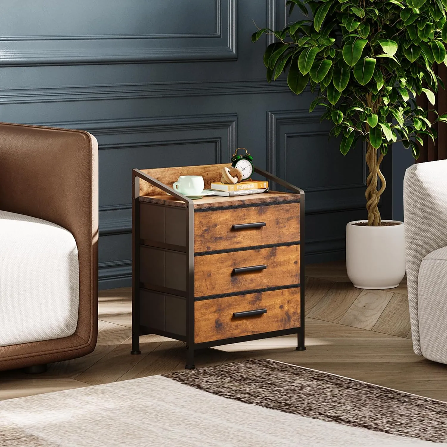 Nightstand 3 Drawer Dresser, 11" D x 15.6" W x 21" H, Set of 2 Side Table with Fabric Drawers, End Table, Small Dresser for Kids Closet Guest Bedroom (Rustic Brown, Set of 2)