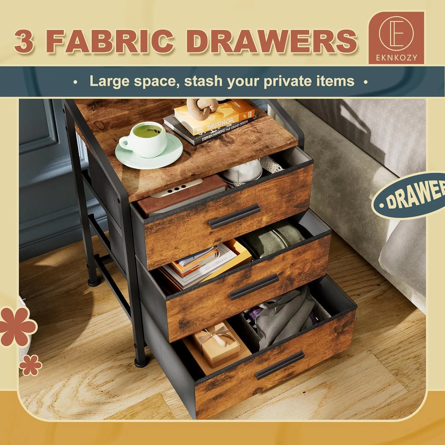 Nightstand 3 Drawer Dresser, 11" D x 15.6" W x 21" H, Set of 2 Side Table with Fabric Drawers, End Table, Small Dresser for Kids Closet Guest Bedroom (Rustic Brown, Set of 2)