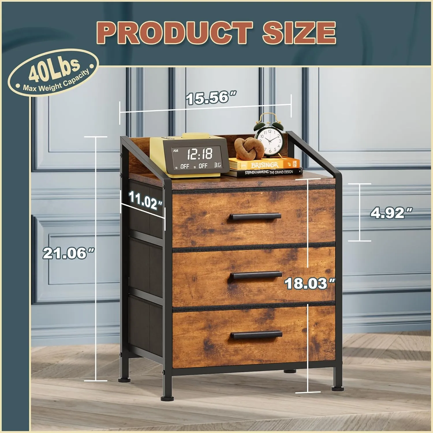 Nightstand 3 Drawer Dresser, 11" D x 15.6" W x 21" H, Set of 2 Side Table with Fabric Drawers, End Table, Small Dresser for Kids Closet Guest Bedroom (Rustic Brown, Set of 2)