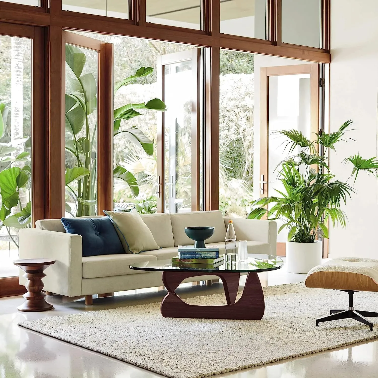 Noguchi Table Triangle Glass Coffee Table Vintage Glass End Table, Solid Wood Base and Triangle Clear Glass Top Modern End Table for Living Room, Patio, Study, Dark Walnut