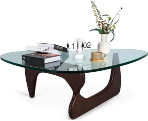 Noguchi Table Triangle Glass Coffee Table Vintage Glass End Table, Solid Wood Base and Triangle Clear Glass Top Modern End Table for Living Room, Patio, Study, Dark Walnut
