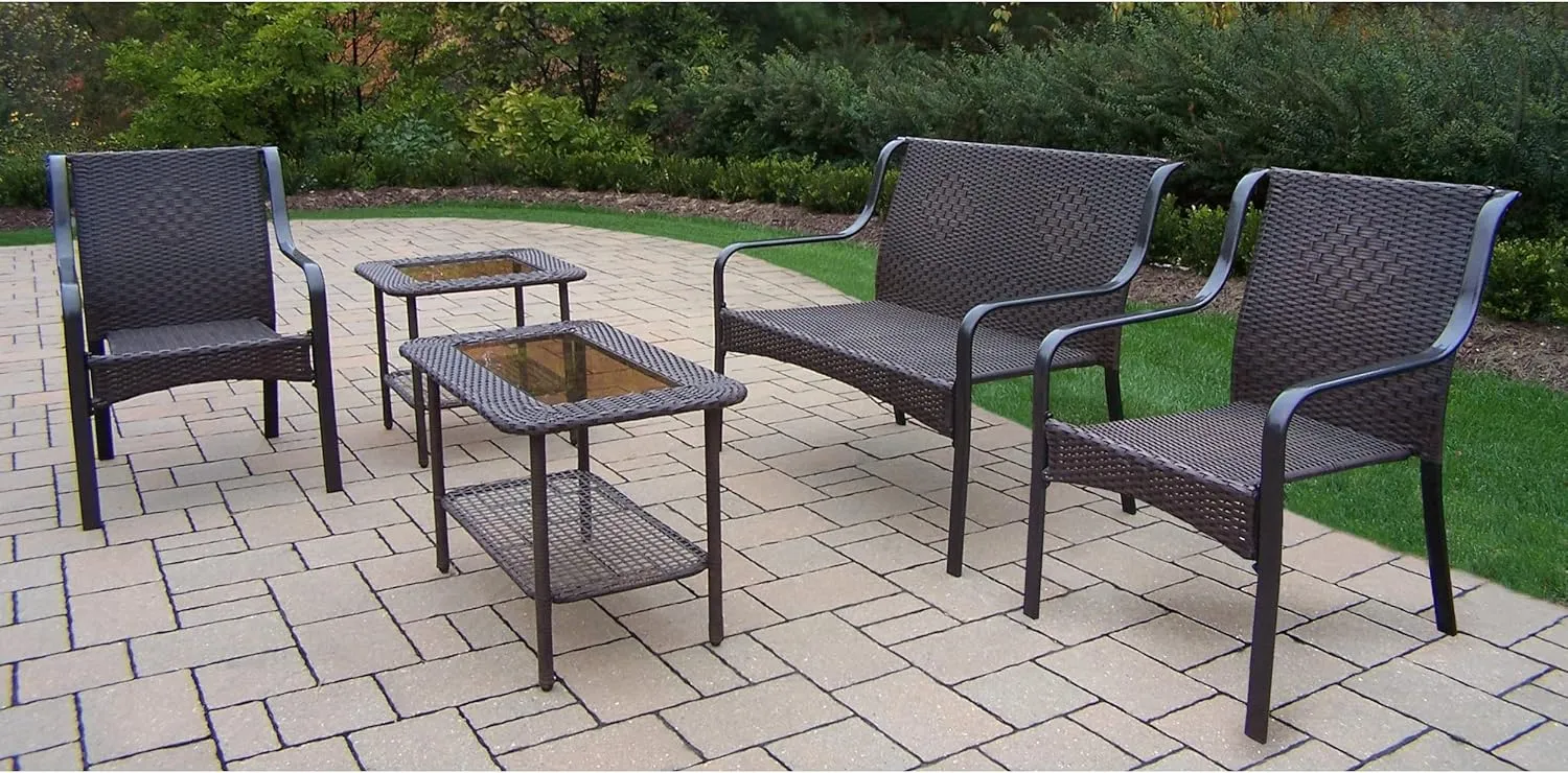 Oakland Living Corporation Sedona Resin Wicker Seating Set with 1 Loveseat, 2 Chairs, 1 Side Table and 1 Coffee Table in Coffee Finish