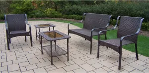 Oakland Living Corporation Sedona Resin Wicker Seating Set with 1 Loveseat, 2 Chairs, 1 Side Table and 1 Coffee Table in Coffee Finish