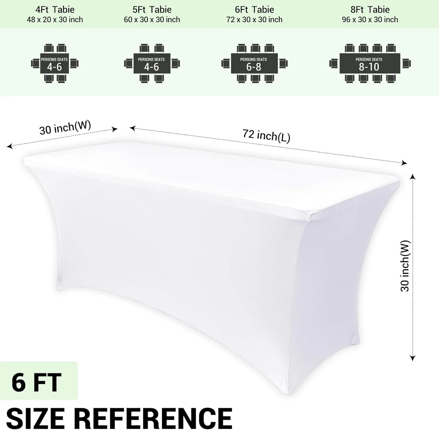 Obstal 6 Pack Stretch Spandex Table Covers for 6 Foot Tables - 6 FT Universal Rectangular Fitted Tablecloth Protector for Wedding, Banquet, Party (White, 72 Length x 30 Width x 30 Height Inches)