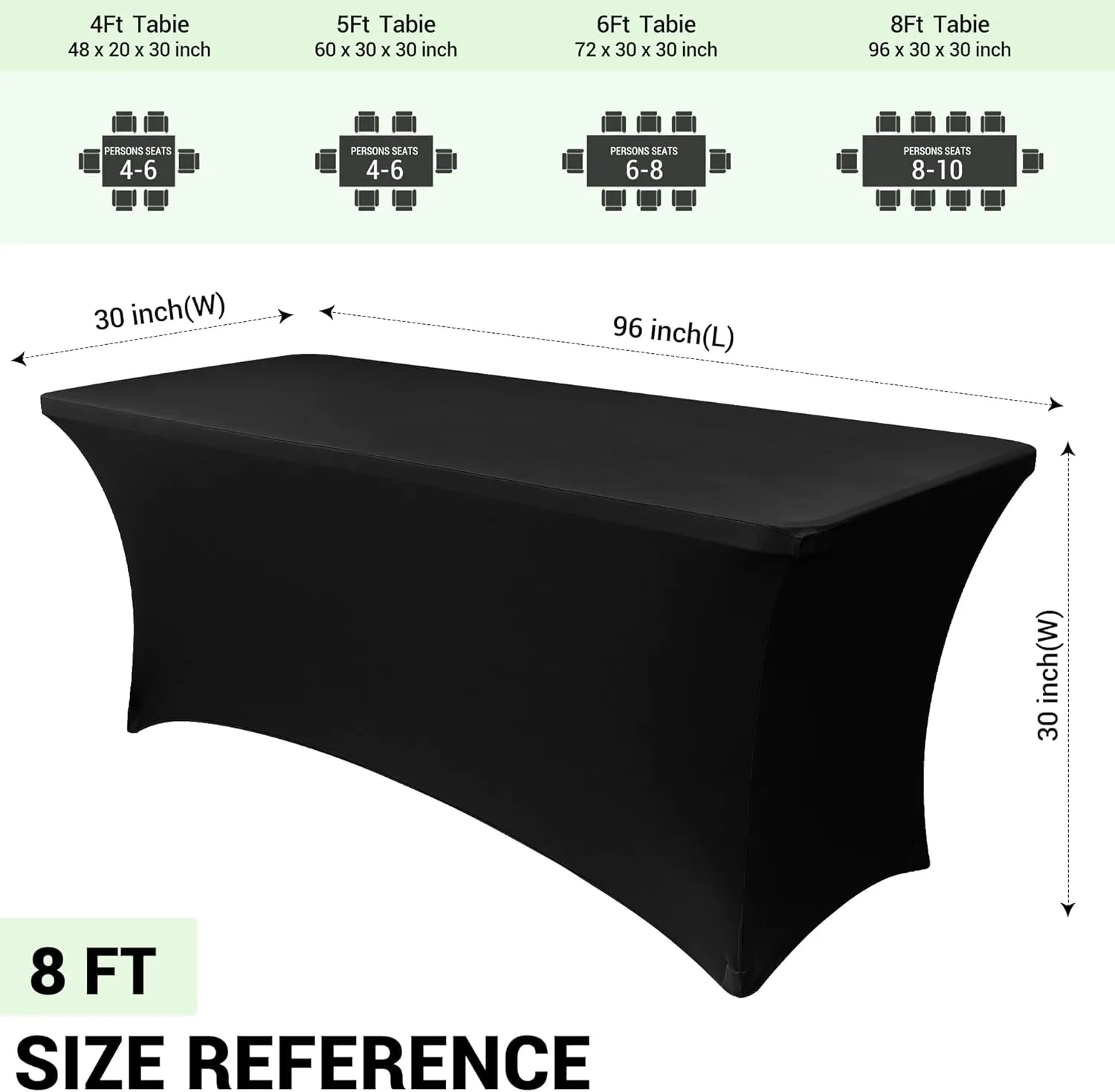 Obstal 6 Pack Stretch Spandex Table Covers for 8 Foot Tables - 8 FT Universal Rectangular Fitted Tablecloth Protector for Wedding, Banquet, Party (Black, 96 Length x 30 Width x 30 Height Inches)