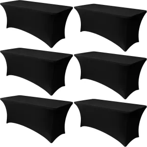 Obstal 6 Pack Stretch Spandex Table Covers for 8 Foot Tables - 8 FT Universal Rectangular Fitted Tablecloth Protector for Wedding, Banquet, Party (Black, 96 Length x 30 Width x 30 Height Inches)