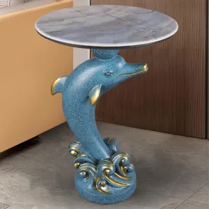 Ocean-Themed Dolphin Accent Table - Jumping Marine Animal Sculpture Side Table for Beach House, Poolside & Living Room - Water-Resistant Fiberglass Resin in Sea Blue